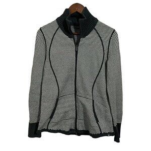 Eddie Bauer Womens Full Zip Sweater Size Medium Striped Knit Top Black White